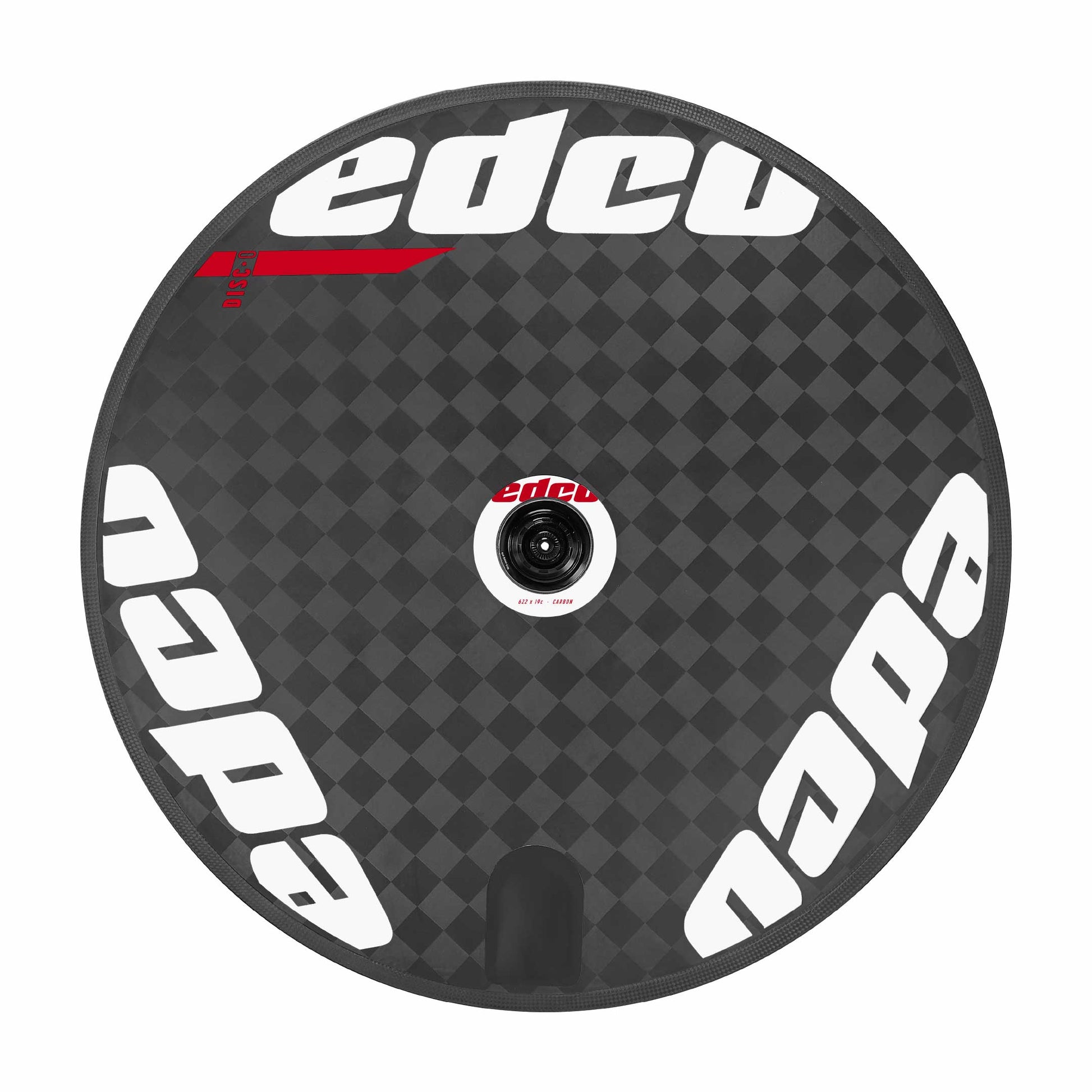 Full disc rear wheel, rim brake, triathlon or timetrail wheel, red white logos