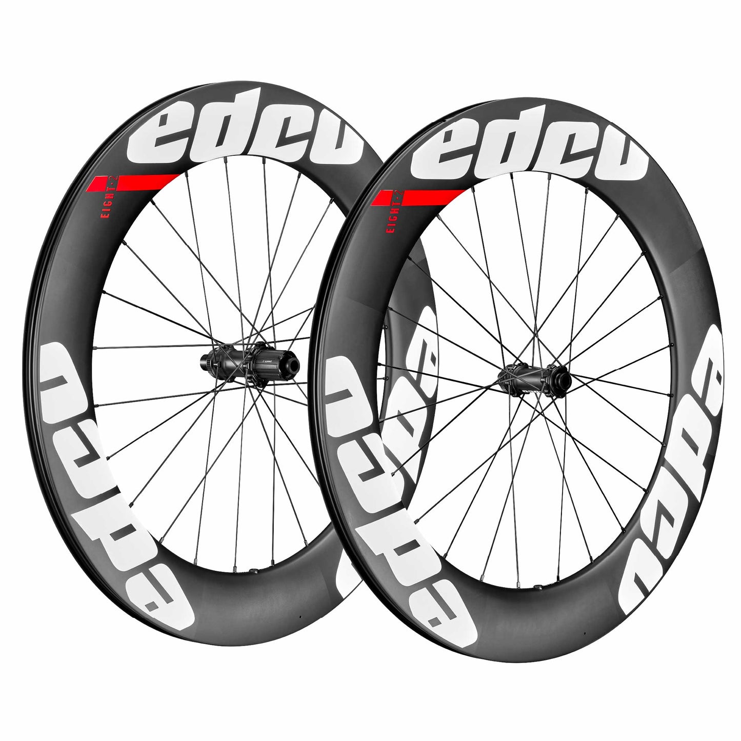 82mm deep carbon fibre wheelset with red white logos