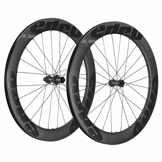 64mm deep carbon fibre disc brake wheelset with black logos