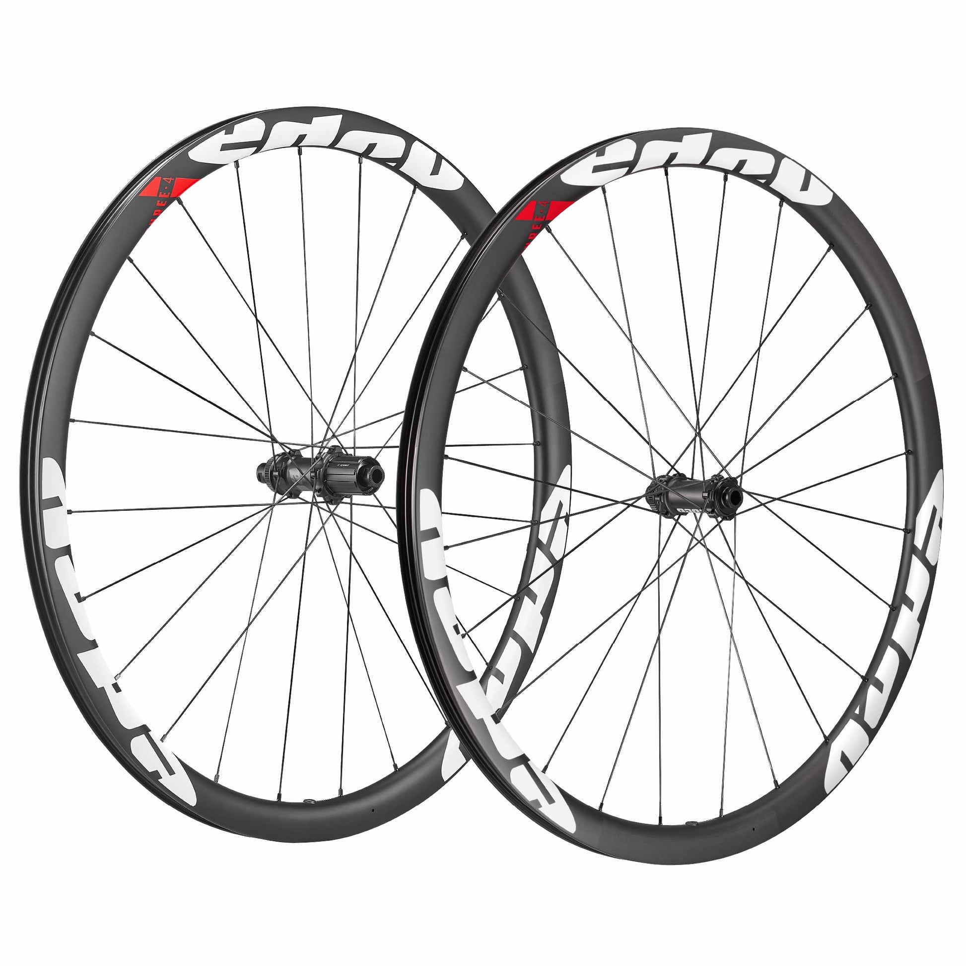 34mm deep carbon fibre wheelset with red white logos